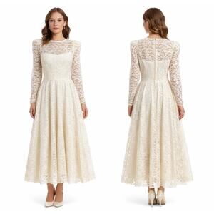 1980s Cachet by Bari Protas Cream Lace Tea Length Dress XS-S